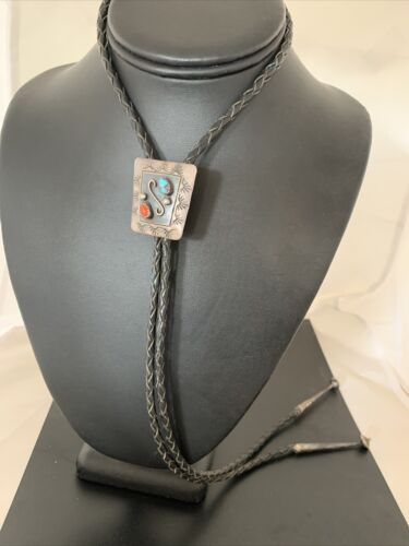Navajo Turquoise Coral Bolo Tie | Sterling Silver | Authentic Native American Handmade | 02003 Bolo