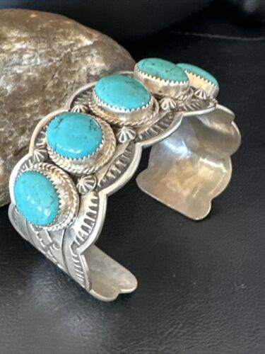 Navajo Blue Turquoise 5 Stone Cuff Bracelet | Sterling Silver | XL Men's | Authentic Native American Handmade | 15859