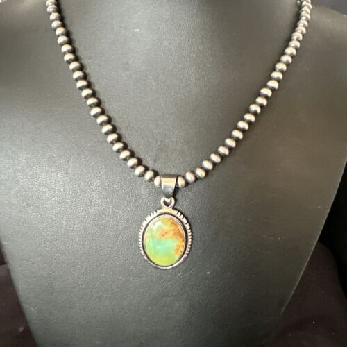 Navajo Green Gaspeite Pendant Necklace | Sterling Silver | Authentic Native American Handmade | 16363