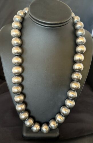 Navajo Pearls Necklace | XL Round 18mm Sterling Silver | 24" Single Strand | Authentic Native American Handmade | 17159