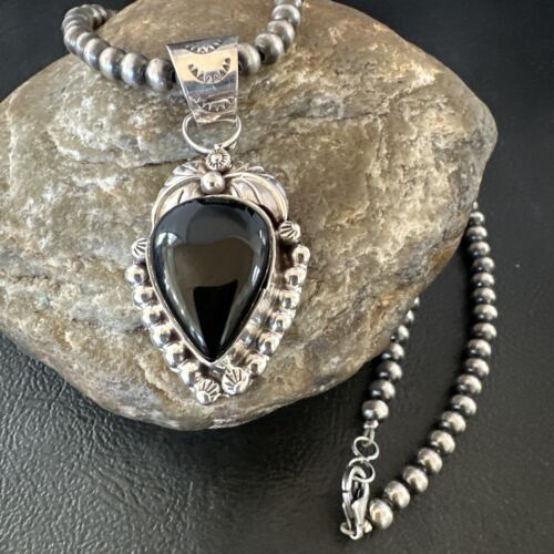 Navajo Pearls Black Onyx Necklace Pendant | Sterling Silver | Authentic Native American Handmade | 16529