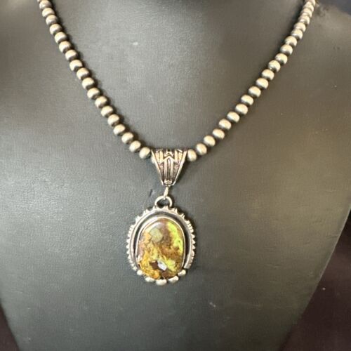 Navajo Green Gaspeite Pendant Necklace | Sterling Silver | Authentic Native American Handmade | 17425