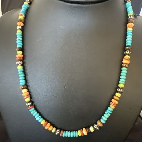 Navajo Blue Turquoise Spiny Oyster Necklace | Sterling Silver | 19" | Authentic Native American Handmade | 17490