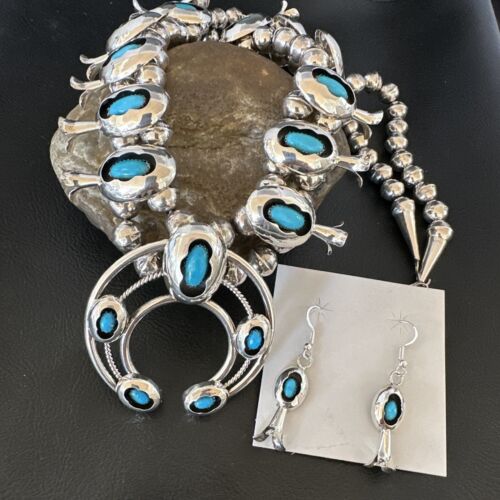 Navajo Turquoise Shadowbox Squash Blossom Necklace & Earrings | Sterling Silver | 16542