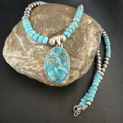 Navajo Blue Mojave Turquoise Pendant | Sterling Silver Pearl Necklace | Authentic Native American Handmade | 17079