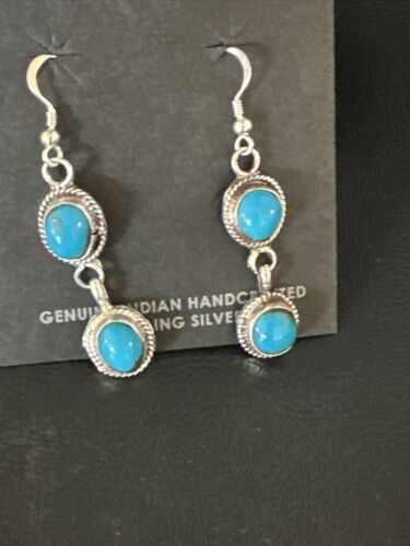 Kingman Turquoise Dangle Earrings | Navajo Sterling Silver | Authentic Native American Handmade | 14869