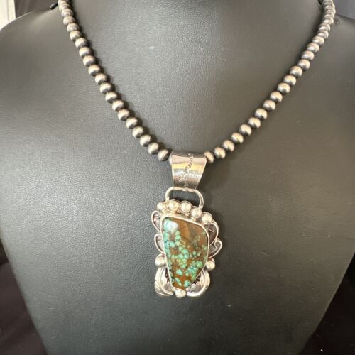 Navajo Blue Spiderweb Turquoise Pendant Necklace | Sterling Silver | Native American Handmade | 15098