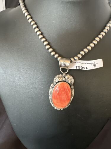Navajo Orange Spiny Oyster Pendant Necklace | Sterling Silver | Authentic Native American Handmade | 15631