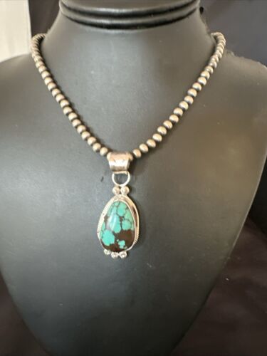 Navajo Blue Spiderweb Turquoise Pendant Necklace | Sterling Silver | Authentic Native American Handmade | 17117