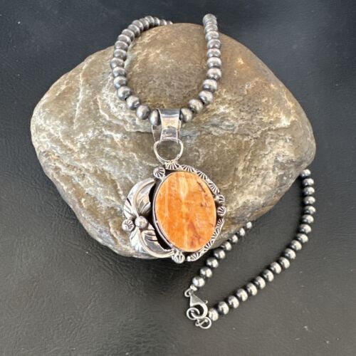 Women's Orange Spiny Oyster Pendant | Navajo Pearls Sterling Silver Necklace 21" | 16555