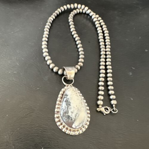 White Buffalo Turquoise Pendant | Navajo Pearls Sterling Silver Necklace | Authentic Native American Handmade | 17108