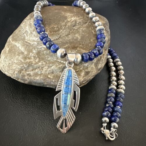 Navajo Blue Denim Lapis Feather Pendant Necklace | Sterling Silver Inlay | Authentic Native American Handmade | 16767