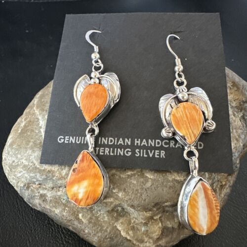 Navajo Orange Spiny Oyster Dangle Earrings | Sterling Silver | 1.5" | Authentic Native American Handmade | 16569