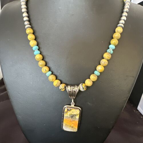 Men's BumbleBee Jasper Pendant Necklace | Navajo Pearls | Sterling Silver | Authentic Native American Handmade | 16874