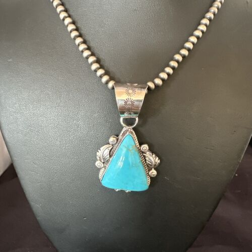 Navajo Sterling Silver Blue Kingman Turquoise Necklace Pendant | Men's Women's | 17478