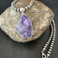 Navajo Purple Charoite Pendant with Pearls | Sterling Silver Necklace | Authentic Native American Handmade | 17312
