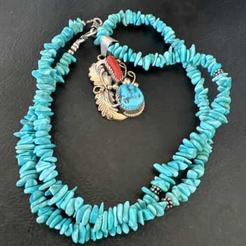 Navajo Blue Turquoise Coral Pendant Necklace | Sterling Silver Pearls | 20" | Authentic Native American Handmade | 17541
