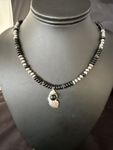 Navajo Black Onyx Pendant | Pearl Sterling Silver Necklace | Authentic Native American Handmade | 14899