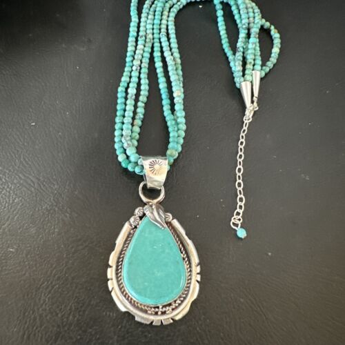 Navajo Blue Turquoise Pendant | Sterling Silver 3-Strand Bead Necklace | 17" | Authentic Native American Handmade | 15998