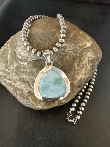 Navajo Blue Larimar Pendant Necklace | Sterling Silver Beads | Authentic Native American Handmade | 17605