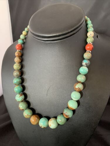 Navajo Green Turquoise & Apple Coral Graduated Necklace | Sterling Silver | Authentic Native American | 18" | 13200