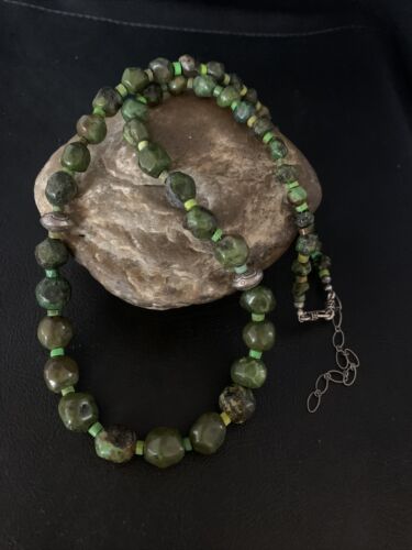 Navajo Green Spiderweb Turquoise Nugget Necklace | Sterling Silver | 23" | Authentic Native American Handmade | 14097