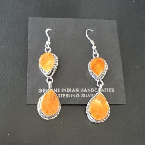 Navajo Orange Spiny Oyster Dangle Earrings | Sterling Silver | 1.5" | Authentic Native American Handmade | 16561