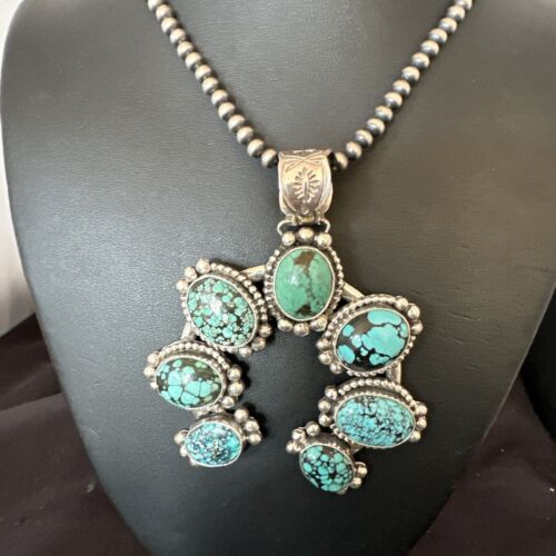 Navajo Men's Blue Turquoise Naja Pendant Necklace | Sterling Silver Pearls | Authentic Native American | 16404