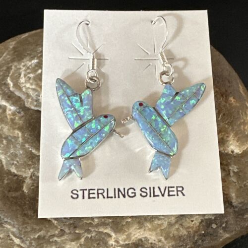 Navajo Blue Opal Hummingbird Earrings | Sterling Silver | 1" | Authentic Native American Handmade | 15088