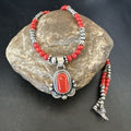 Southwestern Navajo Red Coral Pendant Necklace | Sterling Silver Pearls | 21" | 17538