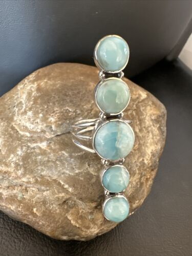 Navajo Blue Larimar Cluster Ring | Authentic Native American Sterling Silver | Multi-Stone | Sz 10.5 | 15941