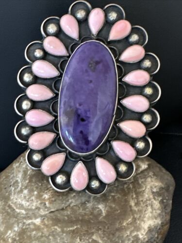 Navajo Sugilite Pink Conch Cuff Bracelet | Sterling Silver | Authentic Native American Handmade | 15853