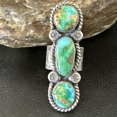 Navajo Green Sonoran Gold Turquoise Multi-Stone Ring | Authentic Native American Sterling Silver | Sz 8 | 16289