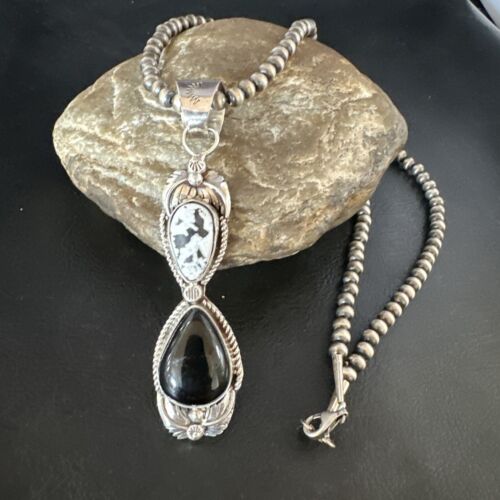 Navajo White Buffalo Turquoise Onyx Necklace Pendant | Sterling Silver | Authentic Native American Handmade | 15316