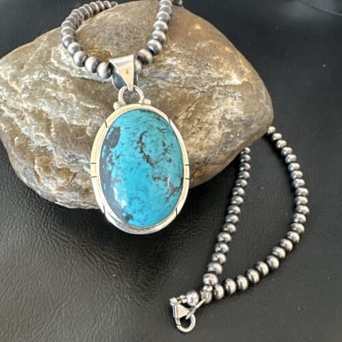 Men's Navajo Blue Spiderweb Turquoise Pendant Necklace | Sterling Silver | Authentic Native American Handmade | 16226