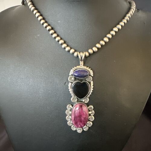 Navajo Black Onyx Purple Spiny 3-Stone Cluster Pendant | Sterling Silver | Authentic Native American Handmade | 17635