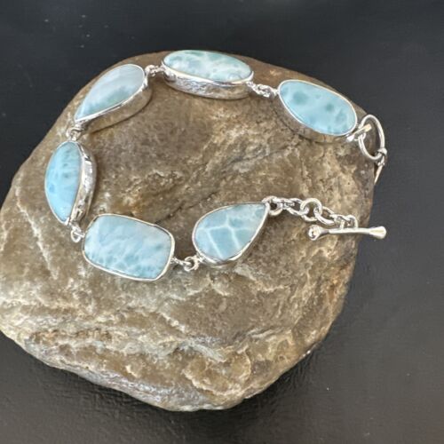 Navajo Blue Larimar Bracelet | Sterling Silver Link | 8" | Authentic Native American Handmade | 16075