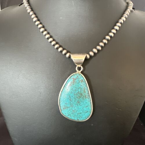 Men's Navajo Blue Spiderweb Turquoise Pendant Necklace | Sterling Silver | Authentic Native American Handmade | 16204