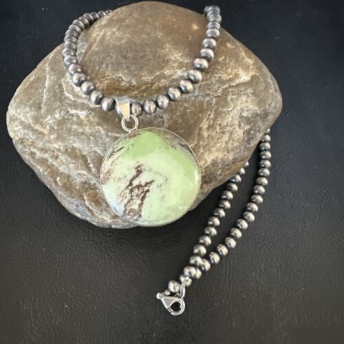 Navajo Green Gaspeite Pendant Necklace | Sterling Silver | Authentic Native American Handmade | 15492