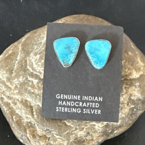 Navajo Blue Kingman Turquoise Post Stud Earrings | Sterling Silver | Authentic Native American Handmade | 17412