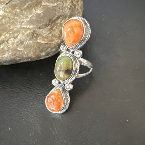 Navajo Green Turquoise Spiny Oyster Multi-Stone Ring | Authentic Native American Sterling Silver | Sz 10 | 16714