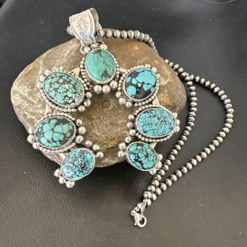Navajo Men's Blue Turquoise Naja Pendant Necklace | Sterling Silver Pearls | Authentic Native American | 16404