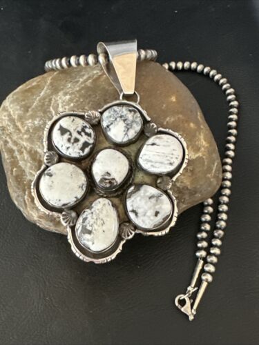 Navajo White Buffalo Turquoise Sterling Silver Pendant Necklace | Multi-Stone | 14898