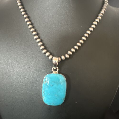 Navajo Blue Kingman Turquoise Pendant Necklace | Sterling Silver | 20" | Authentic Native American Handmade | 16695