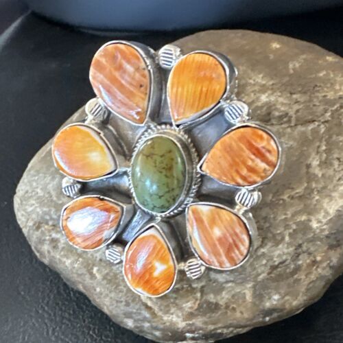 Navajo Green Turquoise Spiny Multi-Stone Cluster Ring | Authentic Native American Sterling Silver | Sz 10.5 | 16717