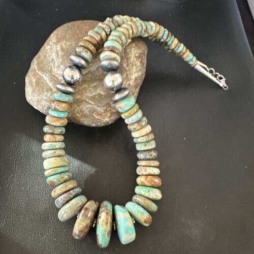 Navajo Green Turquoise Graduated Necklace | Sterling Silver Pearls | Authentic Native American | 21" | 17004
