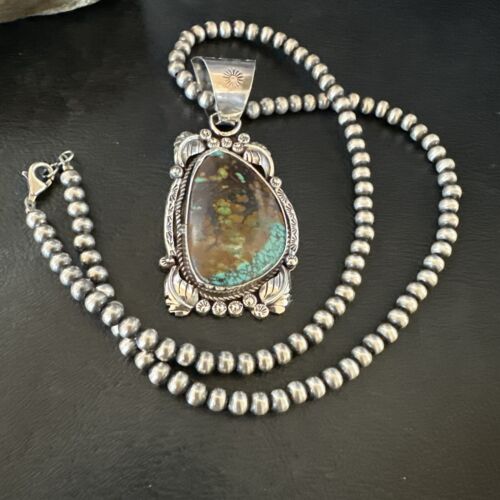 Men's Navajo Green Turquoise Pendant Necklace | Sterling Silver | Authentic Native American Handmade | 17528
