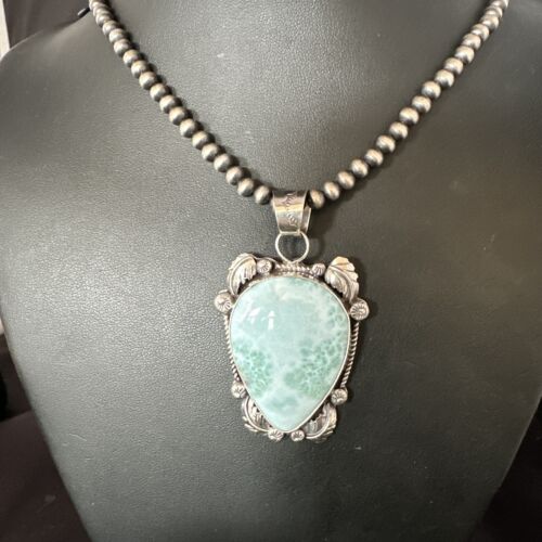 Navajo Blue Larimar Pendant Necklace | Sterling Silver Beads | Authentic Native American Handmade | 15222