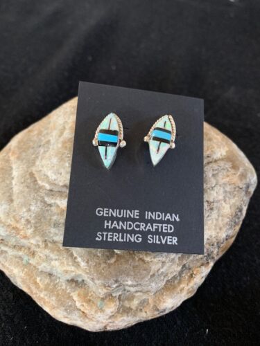 Navajo Turquoise White Opal Onyx Inlay Earrings | Sterling Silver | Authentic Native American Handmade | 13050