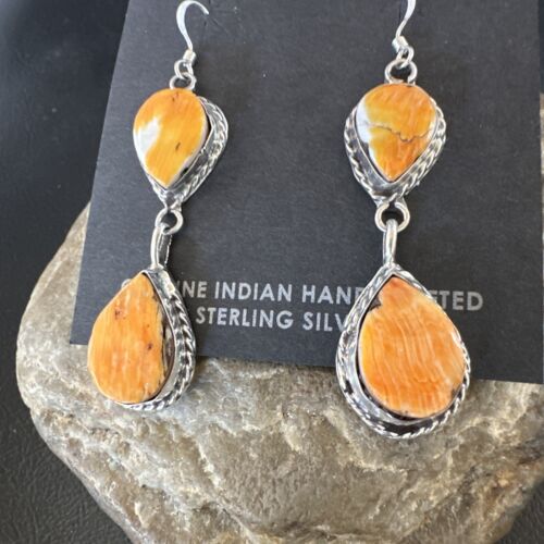 Navajo Orange Spiny Oyster Dangle Earrings | Sterling Silver | 1.5" | Authentic Native American Handmade | 16562